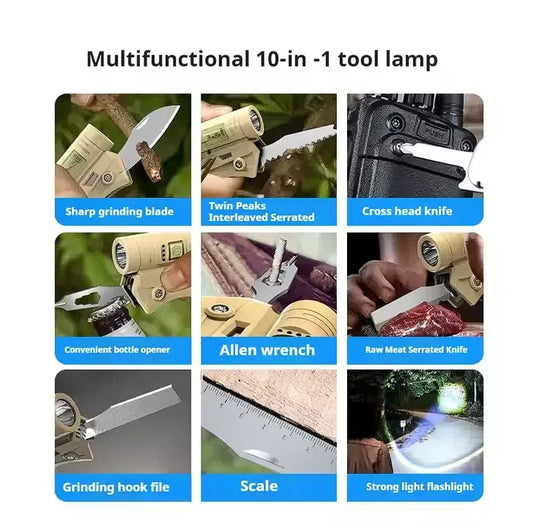 10-in-1 Tactical Multitool Flashlight Knife – LED Torch, Screwdriver, Saw & Blade for Outdoor, Camping, and Emergency Use