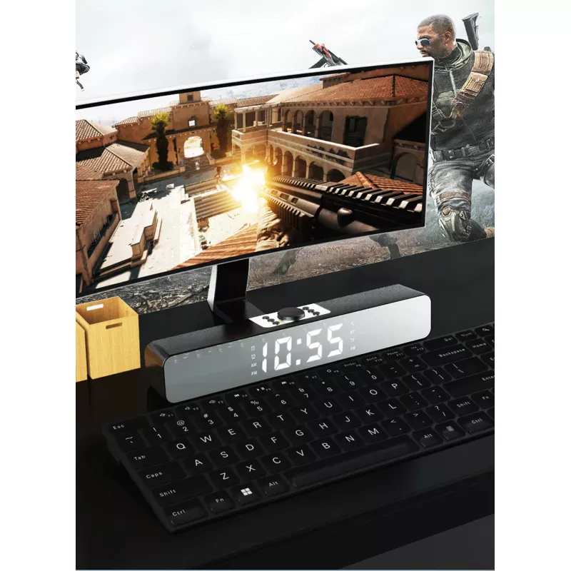 Slim Bluetooth Multimedia Speaker with Digital Clock, FM Radio, TF/AUX – Rechargeable Battery Powered