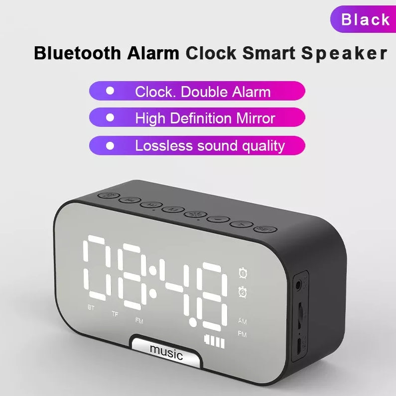 Bluetooth Alarm Clock Speaker with Mirror Display, Dual Alarm, and FM Radio – Rechargeable Battery Powered