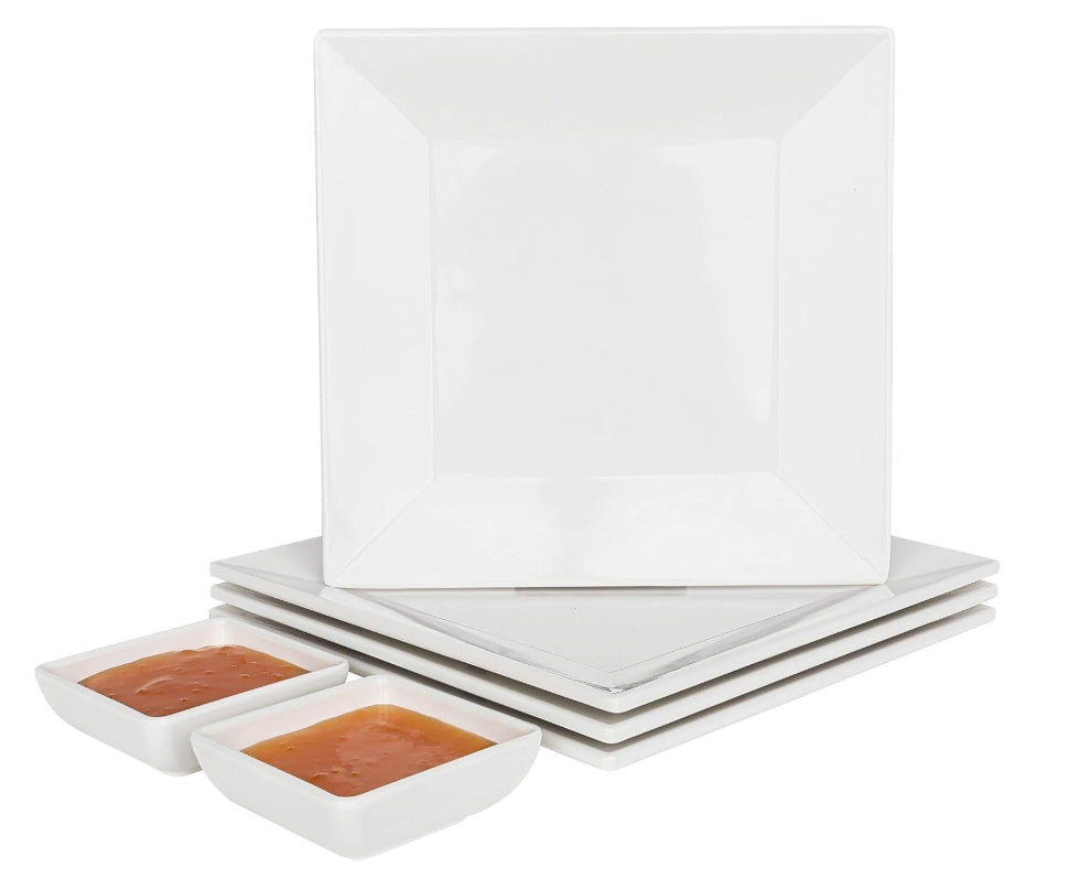 [4 Pack 10" x 10" White Square Melamine Plates, Unbreakable Elegant Dinnerware Set With Sauce Dish