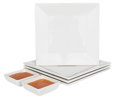 [4 Pack 10" x 10" White Square Melamine Plates, Unbreakable Elegant Dinnerware Set With Sauce Dish