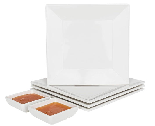 [4 Pack 10" x 10" White Square Melamine Plates, Unbreakable Elegant Dinnerware Set With Sauce Dish
