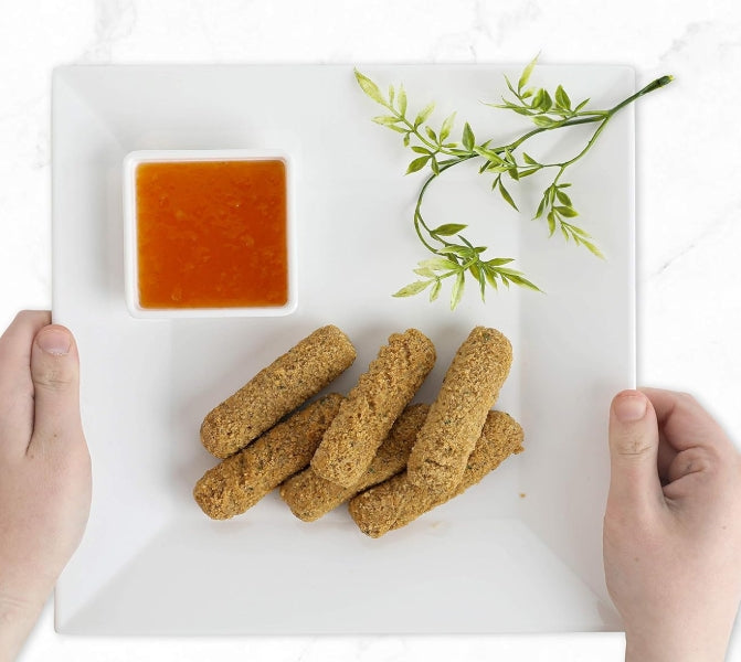 [4 Pack 10" x 10" White Square Melamine Plates, Unbreakable Elegant Dinnerware Set With Sauce Dish