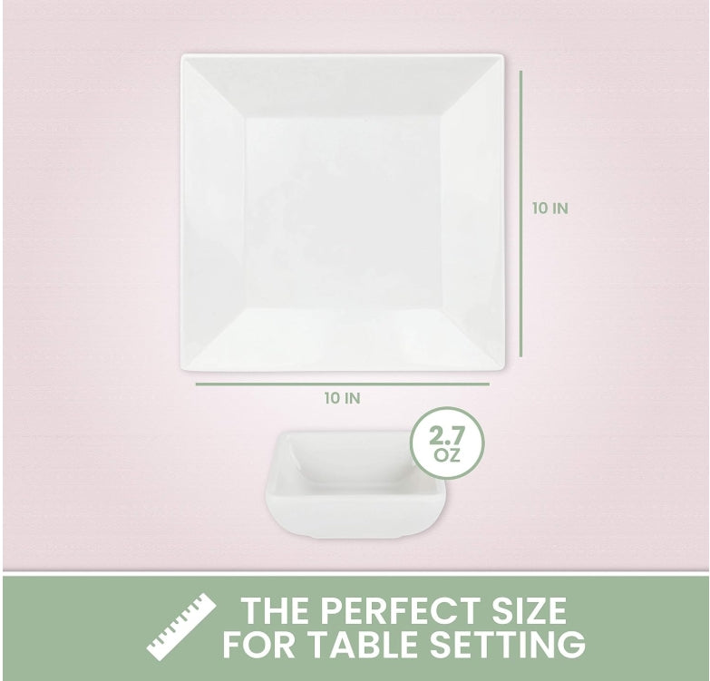 [4 Pack 10" x 10" White Square Melamine Plates, Unbreakable Elegant Dinnerware Set With Sauce Dish