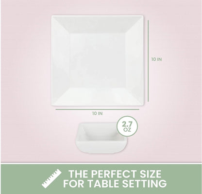 [4 Pack 10" x 10" White Square Melamine Plates, Unbreakable Elegant Dinnerware Set With Sauce Dish