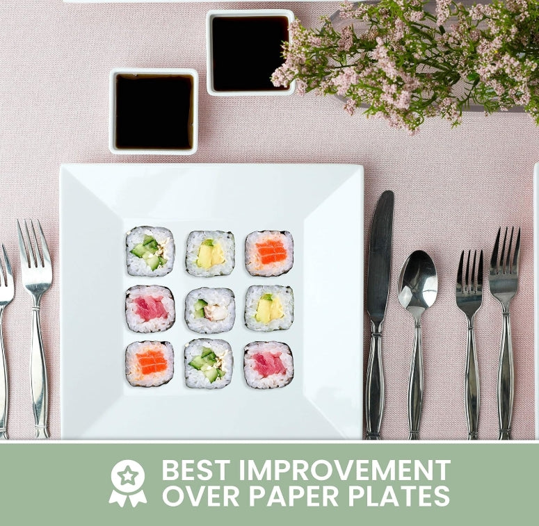 [4 Pack 10" x 10" White Square Melamine Plates, Unbreakable Elegant Dinnerware Set With Sauce Dish