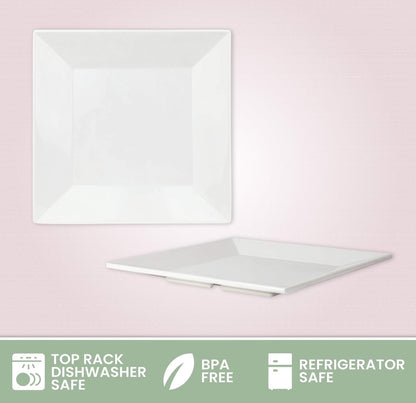 [4 Pack 10" x 10" White Square Melamine Plates, Unbreakable Elegant Dinnerware Set With Sauce Dish