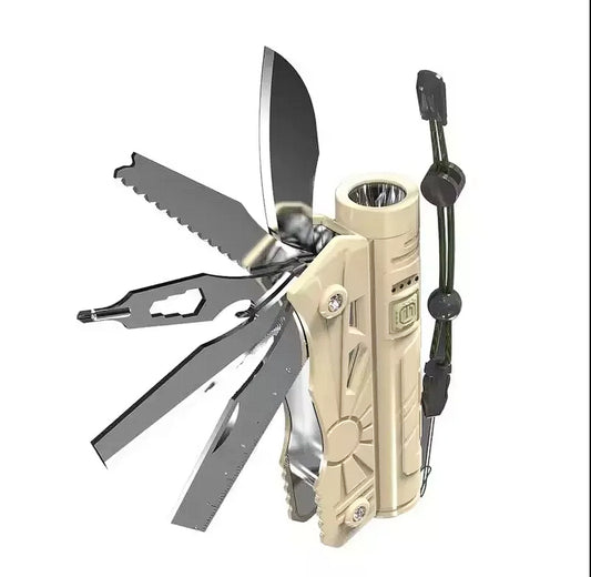 10-in-1 Tactical Multitool Flashlight Knife – LED Torch, Screwdriver, Saw & Blade for Outdoor, Camping, and Emergency Use