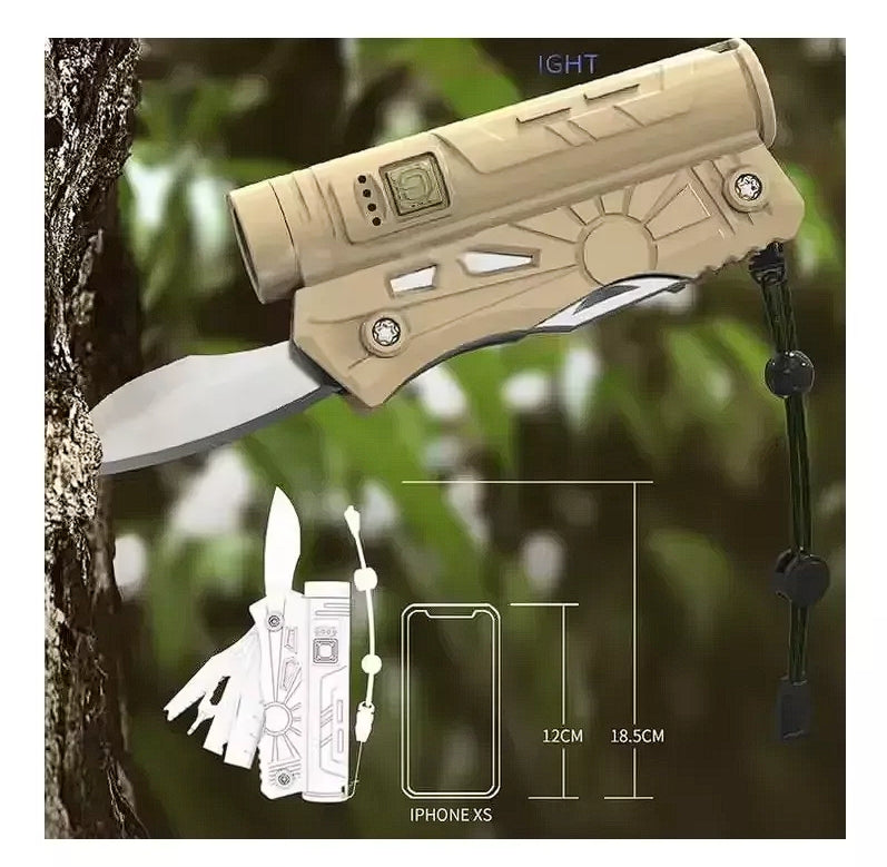 10-in-1 Tactical Multitool Flashlight Knife – LED Torch, Screwdriver, Saw & Blade for Outdoor, Camping, and Emergency Use