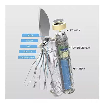 10-in-1 Tactical Multitool Flashlight Knife – LED Torch, Screwdriver, Saw & Blade for Outdoor, Camping, and Emergency Use