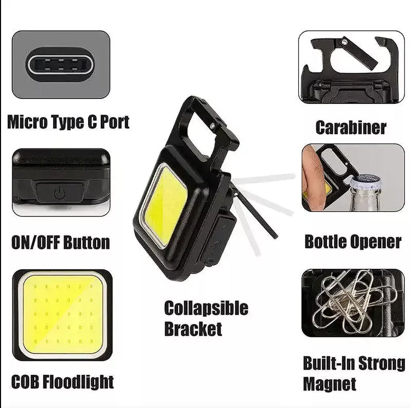 Portable COB LED Work Light with Magnet, Bottle Opener & USB-C Charging – Multifunction Outdoor Floodlight
